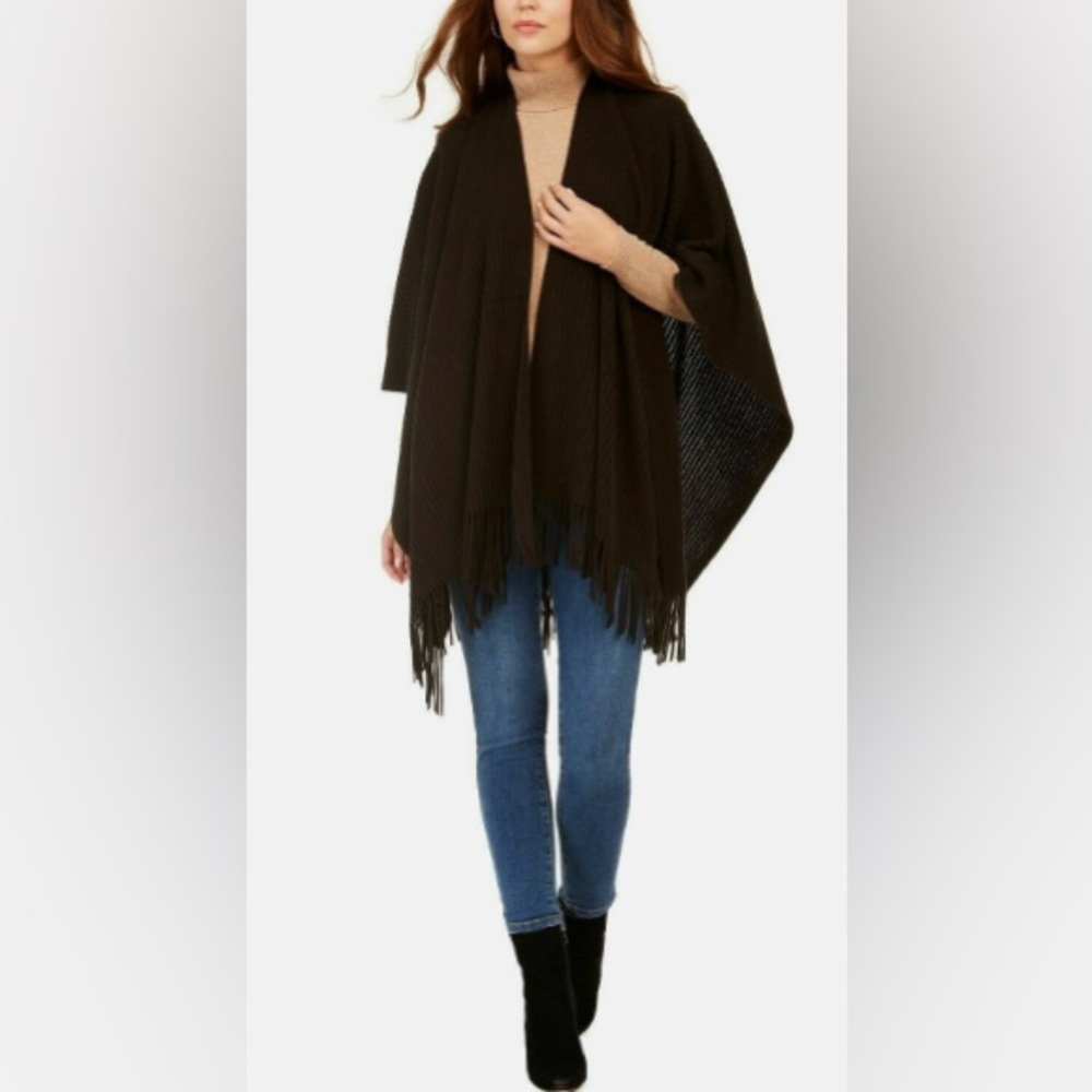 Cejon Super Soft Fringe Trim Open Front Ribbed Knit Ruana Black One Size - Picture 7 of 7